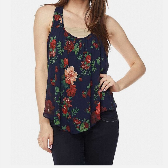 Ambiance Chiffon Floral Print Tulip Back navy blue size medium Tank Lining - Picture 2 of 14